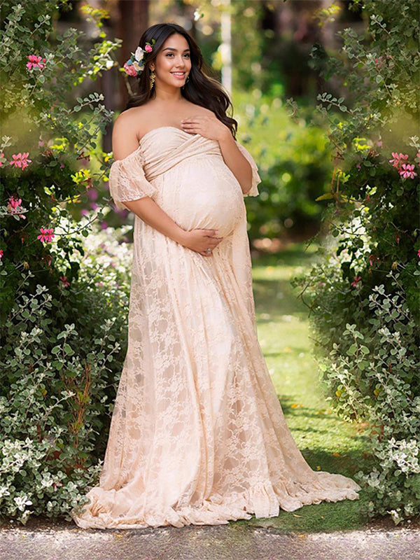 fotobeyou Solid Color Lace Off Shoulder Cap Sleeve Photoshoot Maternity Maxi Dress