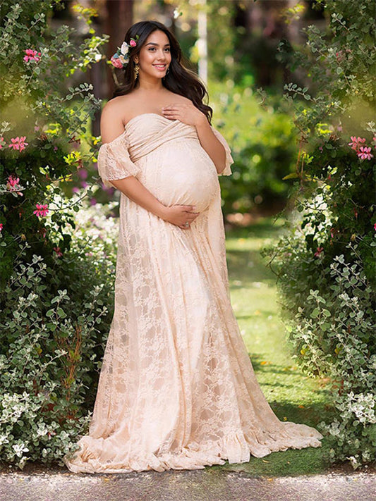 fotobeyou Solid Color Lace Off Shoulder Cap Sleeve Photoshoot Maternity Maxi Dress