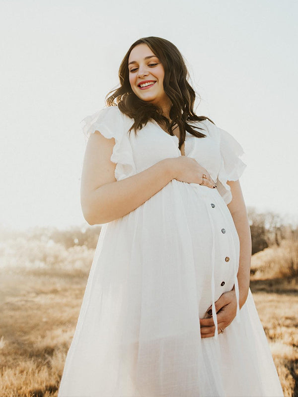 fotobeyou White Deep V-neck Button Down Boho Plus Photoshoot Maternity Maxi Dress