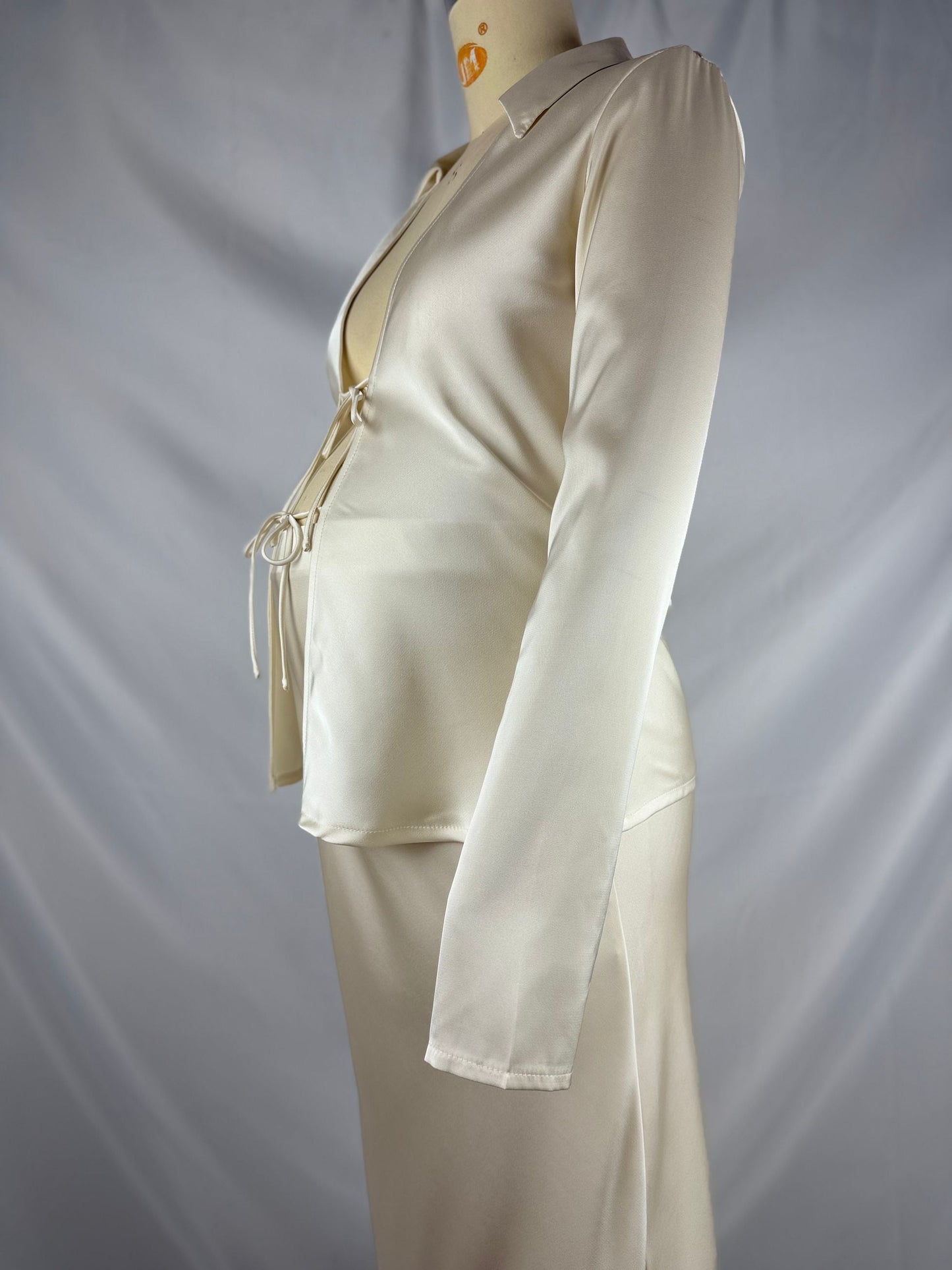 fotobeyou White Bowknot Turndown Collar Two Piece Imitation Satin Vacation Going Out Maternity Photoshoot Shirt