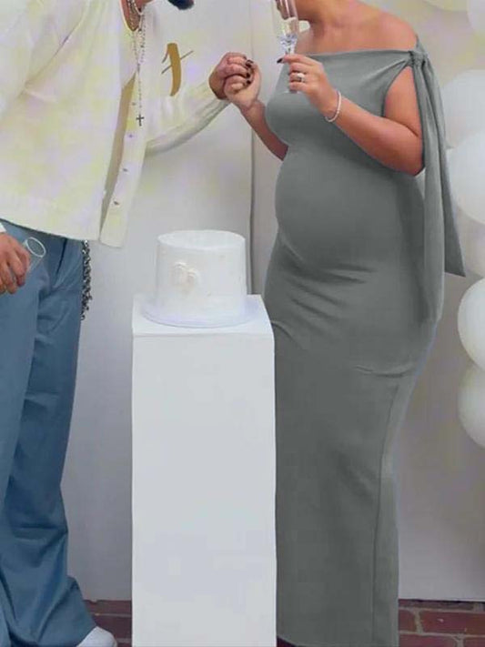 fotobeyou Grey Asymmetric Shoulder Knotted One Shoulder Sleeveless Bodycon Elegant Cocktail Party Maternity Photoshoot Baby Shower Maxi Dress