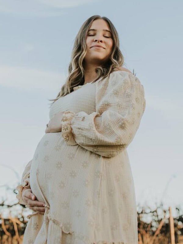 fotobeyou Apricot Daisy Print Smocked Off Shoulder Ruffle Big Swing Elegant Vacation Maternity Photoshoot Baby Shower Party Maxi Dress