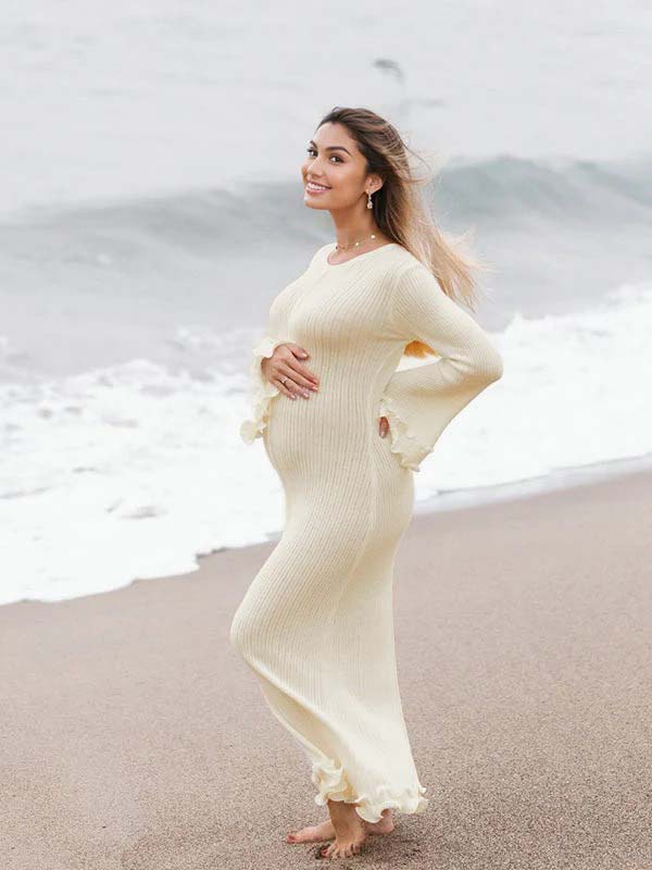 fotobeyou White Knit Pleated Tie Back Ruffle Falbala Frill Hem Backless Big Swing Elegant Cocktail Party Gown Maternity Photoshoot Baby Shower Maxi Dress