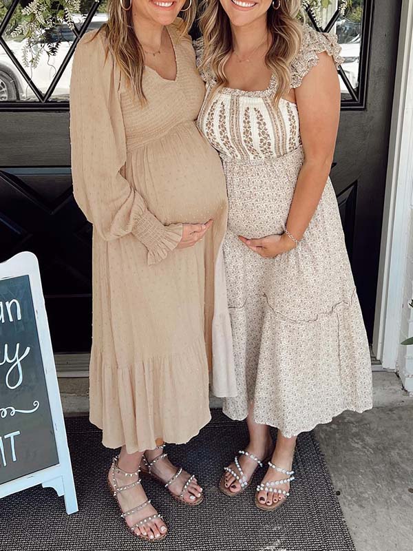 fotobeyou Apricot Smocked Flouncy V neck Daily Going out Baby Shower Maternity Photoshoot Midi Dress