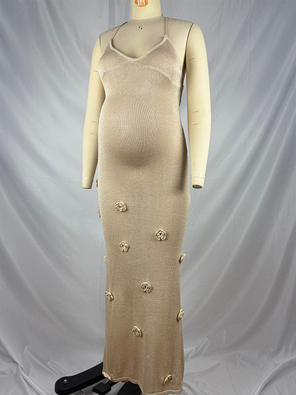 fotobeyou Shiny 3D Flowers Cami Backless Knitwear Elegant Maternity Photoshoot Maxi Dress
