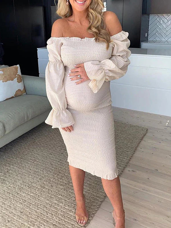 fotobeyou Ruffle Off Shoulder Long Sleeve Bodycon Baby Shower Maternity Midi Dress