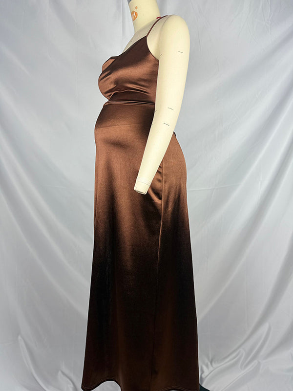 fotobeyou Dark Coffee Slit Spaghetti Straps Backless Elegant Maternity Photoshoot Maxi Dress
