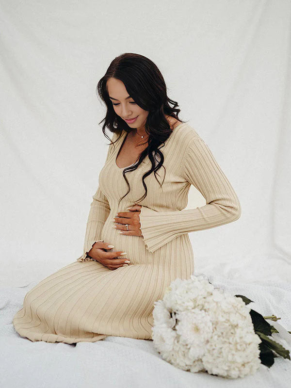 fotobeyou Knit Pleated Big Swing V-neck Plus Size Sweater Elegant Going Out Maternity Photoshoot Baby Shower Maxi Dress