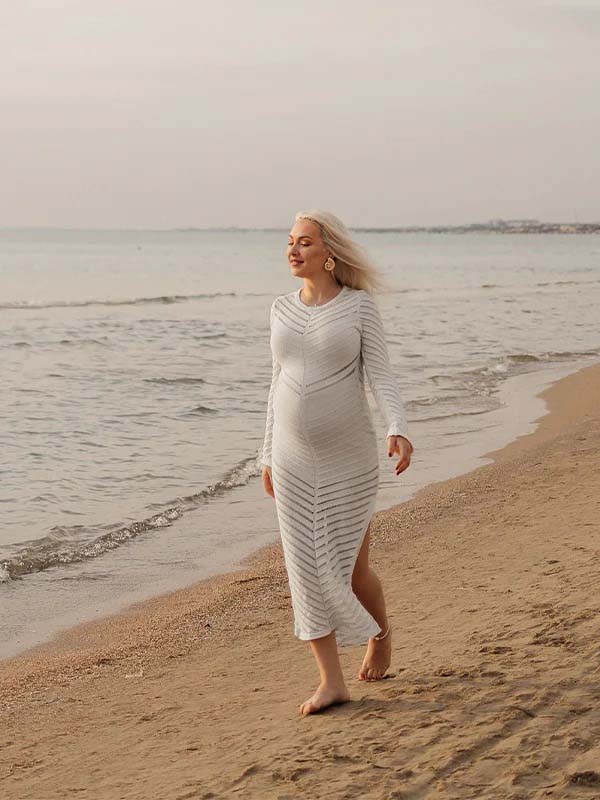 fotobeyou Grey White Striped Cut Out Sheer Bodycon Elegant Photoshoot Baby Shower Maternity Maxi Dress