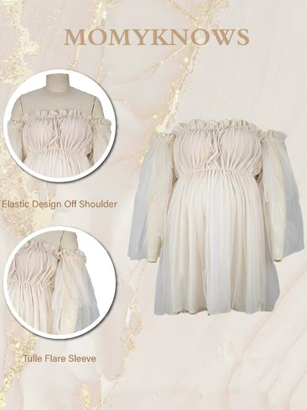 Apricot Off Shoulder Tulle Plus Size Maternity Mini Dress