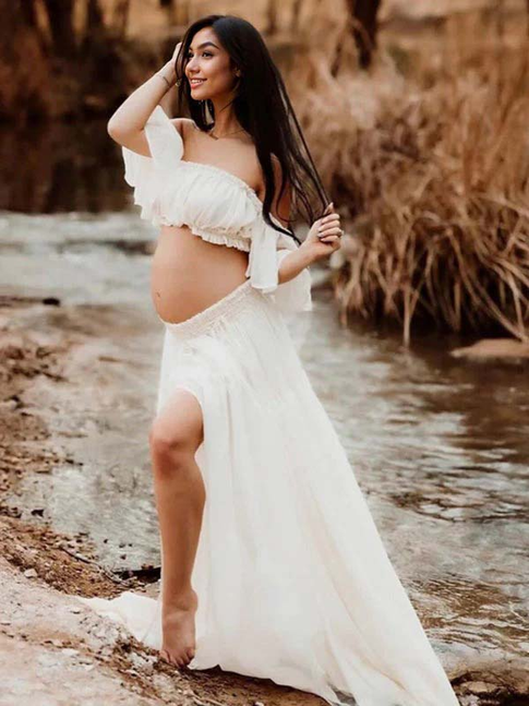 fotobeyou Solid Color Bohemian Off Shoulder Backless Ruffle 2 piece set Photoshoot Maternity Maxi Dress