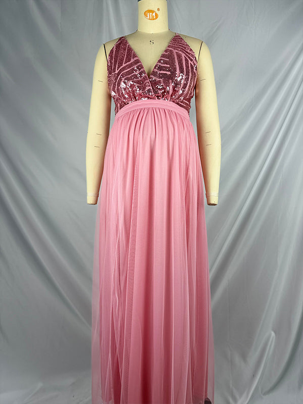 fotobeyou Glitter Sequin Tulle Side Slits Big Swing Cami Backless Elegant Maternity Baby Shower Maxi Dress