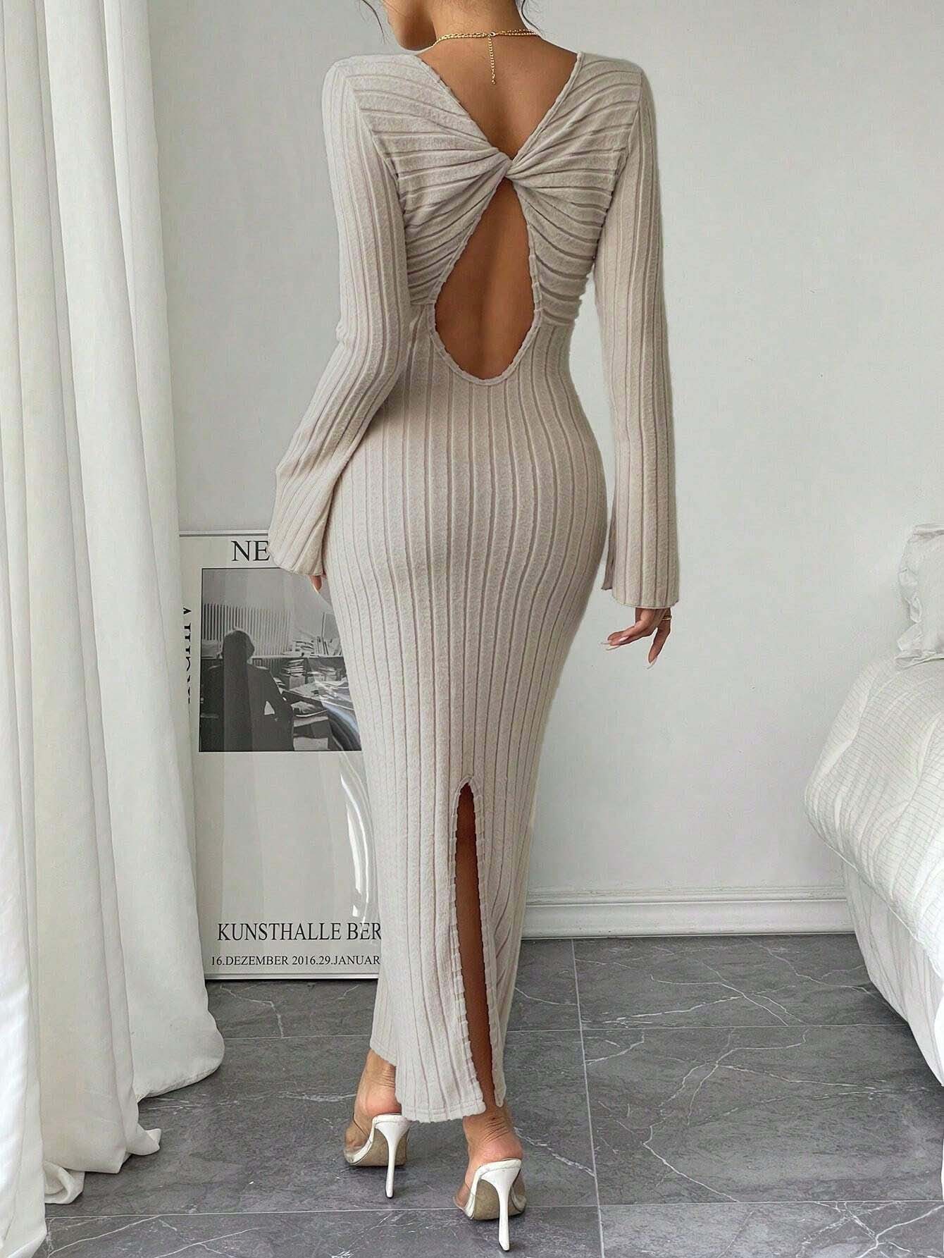 fotobeyou Apricot Striped Solid Color  Daily Casual Backless Side Slit Maternity Maxi Dress