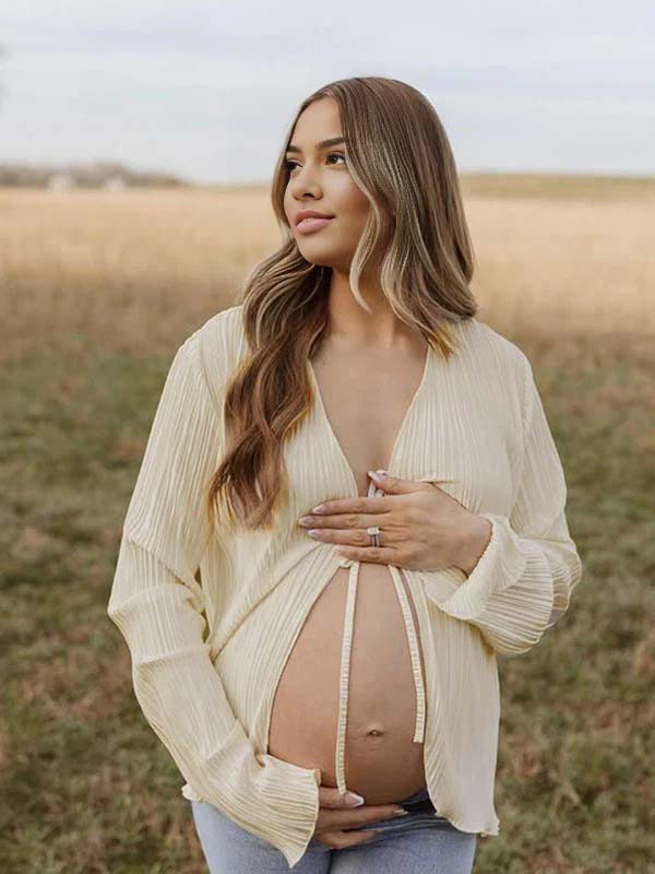 fotobeyou Beige lace-up Flare Sleeve Modern Fashion Maternity Photoshoot Blouse