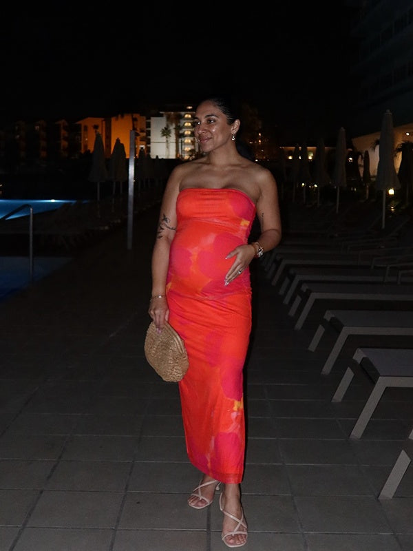 fotobeyou Red-Orange Color Stamp Duty Side Slit Vacation Beach Baby Shower Maternity Photoshoot Maxi Dress