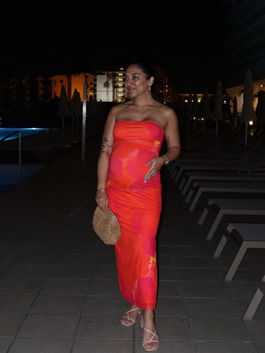 fotobeyou Red-Orange Color Stamp Duty Side Slit Vacation Beach Baby Shower Maternity Photoshoot Maxi Dress