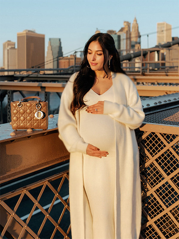 fotobeyou White Knitting  V-Neck Bodycon Two Pieces Cardigan Elegant Baby Shower Maternity Maxi Sweater Dress