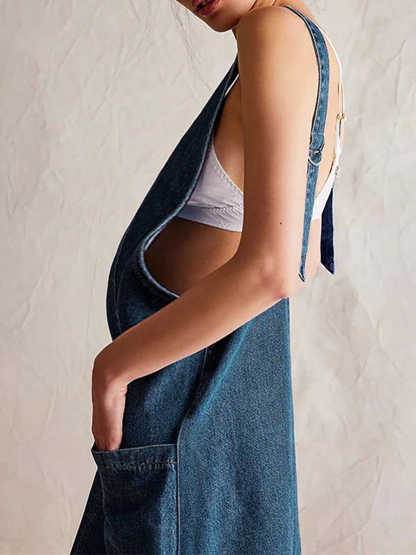 fotobeyou Pockets Buckle Denim Overall Skirt A-Line Daily Maternity Mini Dresses