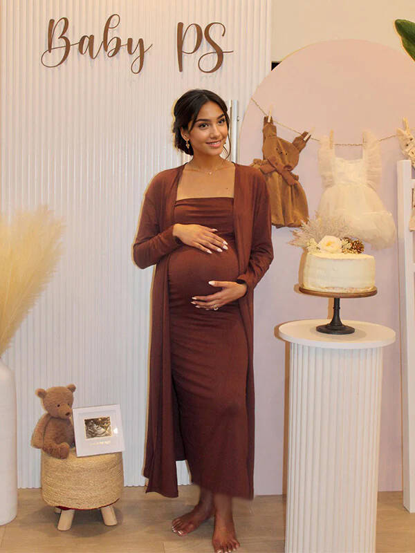 fotobeyou Brown 2-in-1 Solid Color Elegant Bodycon Baby Shower Maternity Maxi Dress