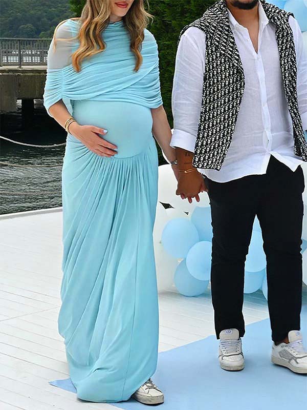 Light Blue Ruched Irregular Neck Baby Shower Maternity Maxi Dress