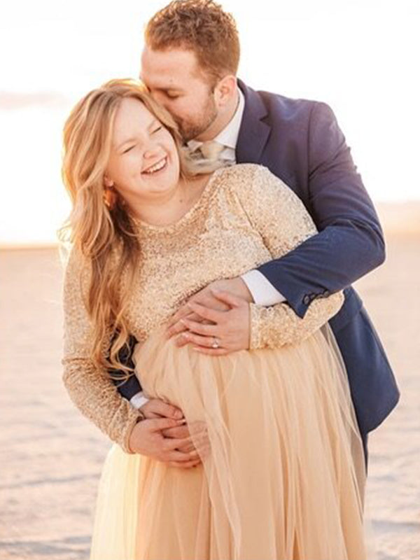fotobeyou Sequin Tulle Splicing Long Sleeve Maternity Gender Reveal Maxi Dress