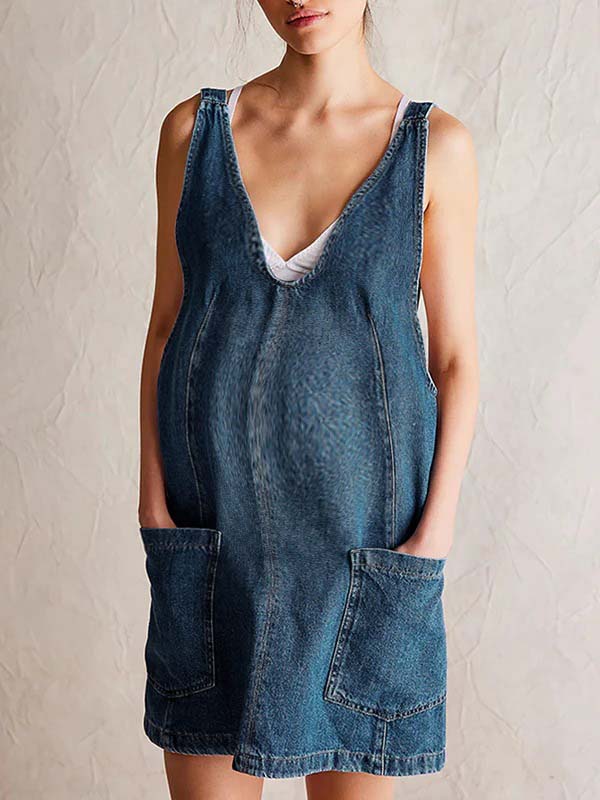 fotobeyou Pockets Buckle Denim Overall Skirt A-Line Daily Maternity Mini Dresses