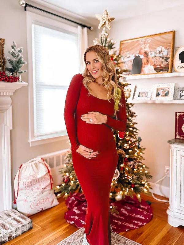 fotobeyou Burgundy Ruched Square Neck Bodycon Christmas Going Out Elegant Maternity Photoshoot Maxi Dress