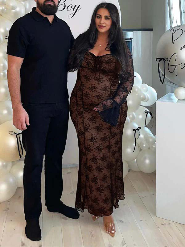 fotobeyou Black Lace Bow Grenadine Flare Sleeve Mermaid Back Lace Up Photoshoot Baby Shower Maternity Maxi Dress