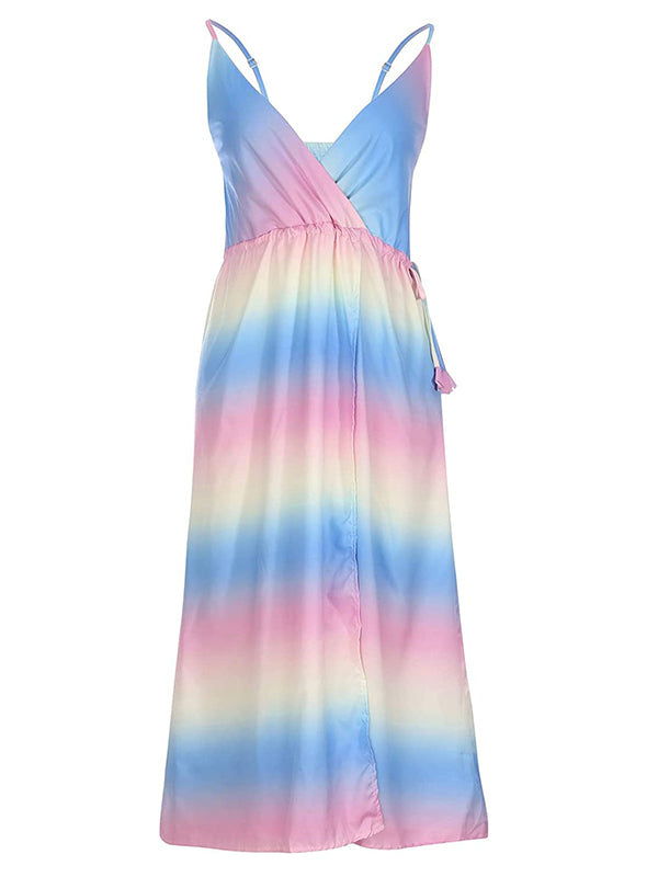 fotobeyou Pink-Blue Ombre V-neck Spaghetti Strap Cami Slit Boho Gender Reveal Party Maternity Maxi Dress