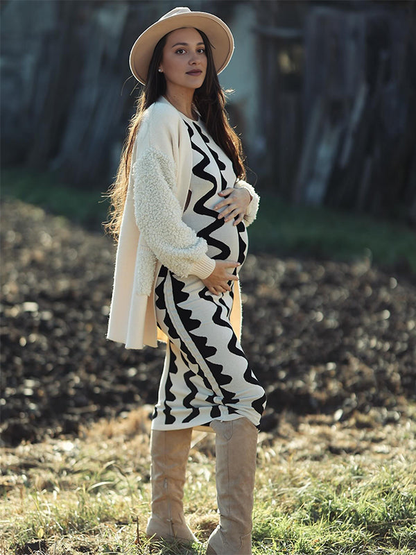 fotobeyou Beige Wavy Edge Cut Out Bodycon Elegant Photoshoot Baby Shower Maternity Maxi Sweater Dress