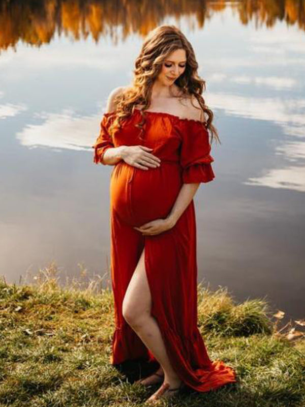 fotobeyou Off Shoulder Buttons Front Slit Open Train Elegant Photoshoot  Maternity Maxi Dress