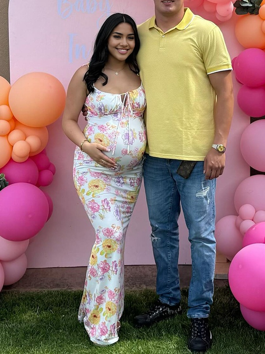 fotobeyou Yellow Crushed Flower Spaghetti Strap lace-up Ruched Banquet Party Baby Shower Maternity Photoshoot Maxi Dress