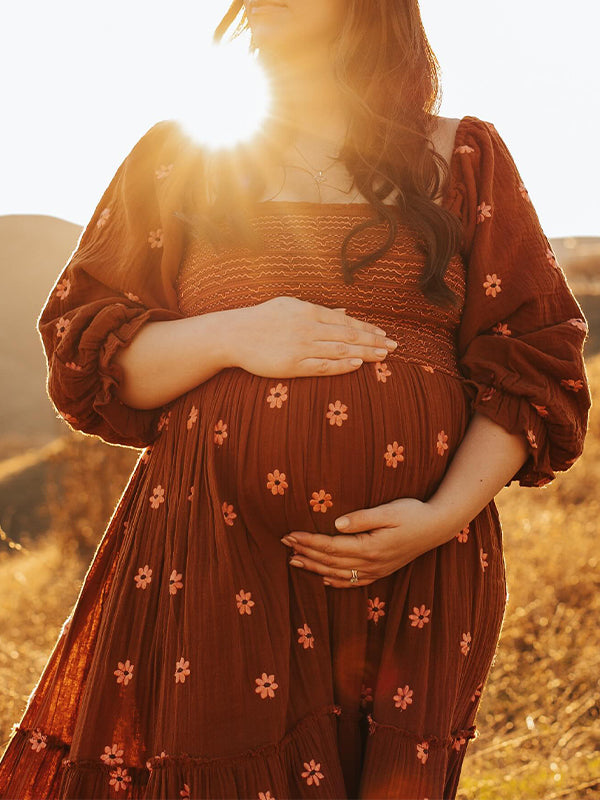 fotobeyou Sun Flowers Square Smocked Neck Puff Sleeve Big Swing Flowy Baby Shower Photoshoot Maternity Maxi Dress