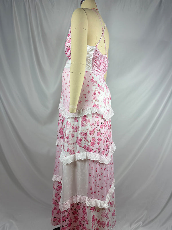 Pink Lace Floral Ruffle Baby Girl Shower Maternity Maxi Dress