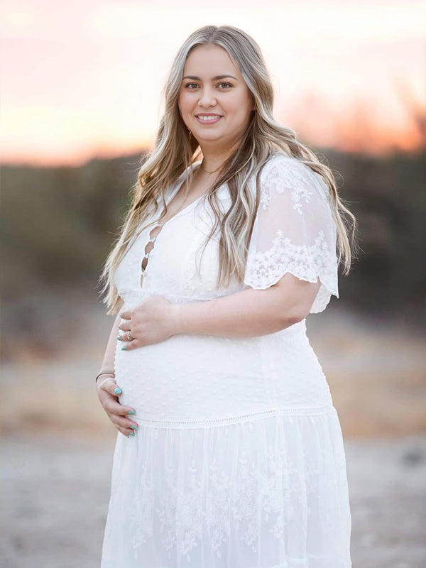 fotobeyou White Lace Ruffle Embroidery Boho Plus Photoshoot Maternity Maxi Dress