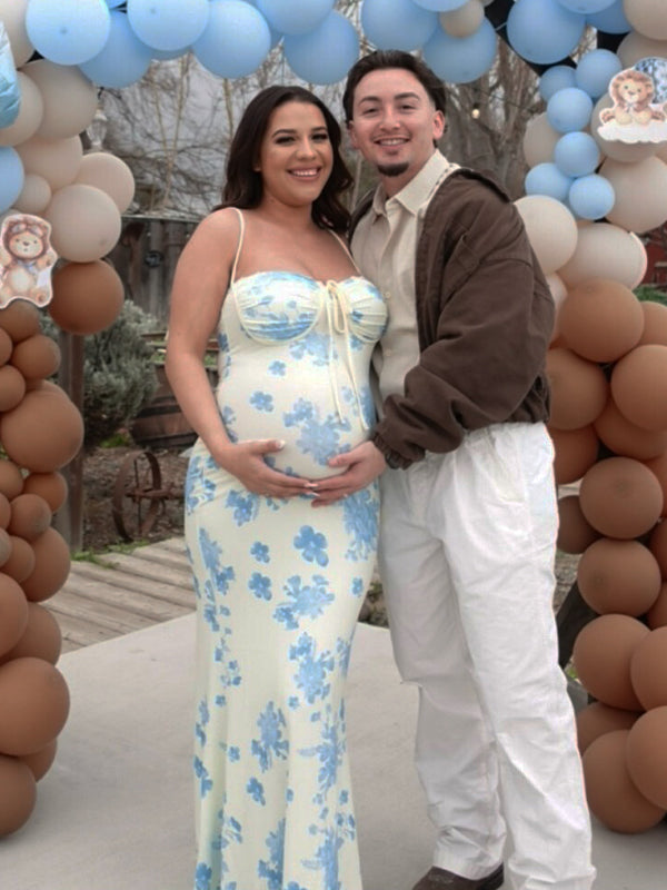 Yellow Flowers Sweetheart Neckline Cute  Maternity Maxi Dress
