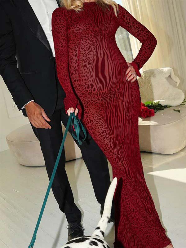 fotobeyou Red Leopard Backless Slit Flare Sleeve Sheer Bodycon Party Baby Shower Maternity Maxi Dress