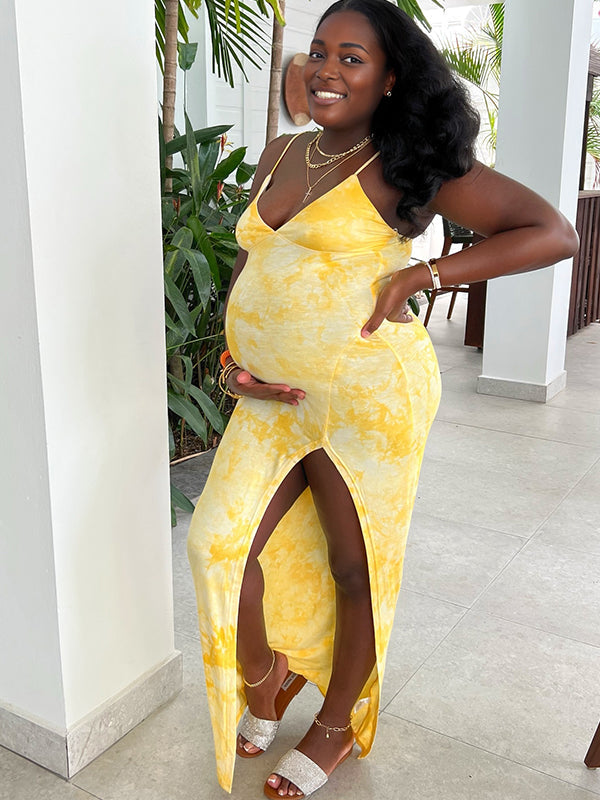 Fotobeyou Yellow Spaghetti Strap Side Slit Maternity Photoshoot Maxi Dress