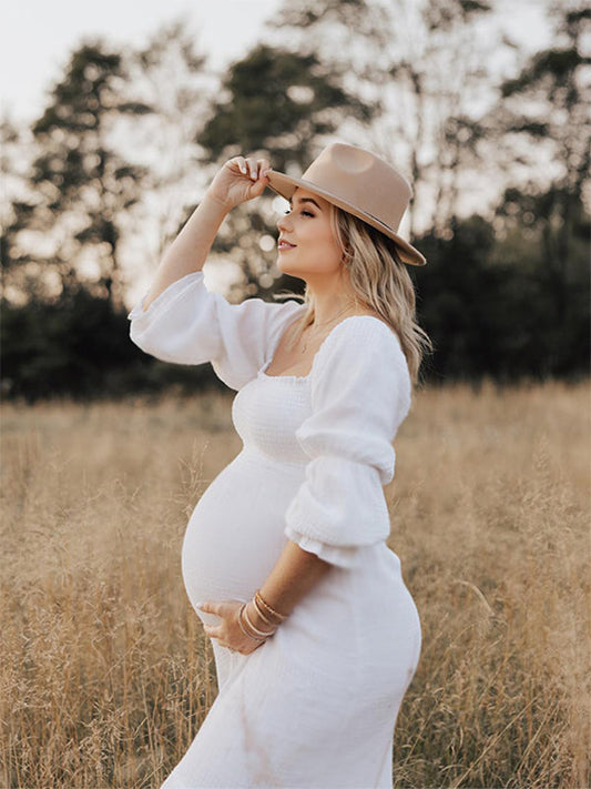 fotobeyou White Ruffle Ruched High Waist Puff Sleeve Cute Photoshoot Maternity Maxi Dress