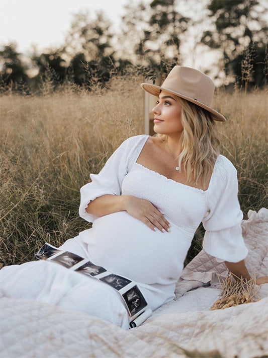 fotobeyou White Ruffle Ruched High Waist Puff Sleeve Cute Photoshoot Maternity Maxi Dress