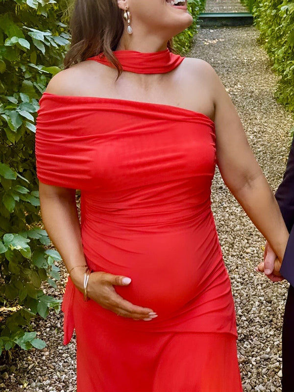 Fotobeyou Oblique Shoulder Ruched Maternity Photoshoot Maxi Dress
