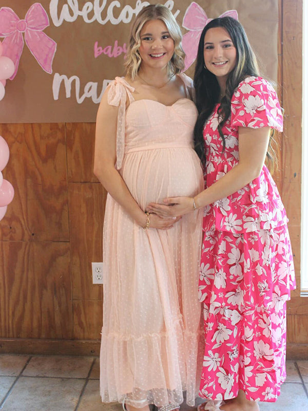 fotobeyou Light Pink Polka Dot Bow Ruffle Falbala Tie-Shoulder A-line Tulle Princess Dress Maxi Dress