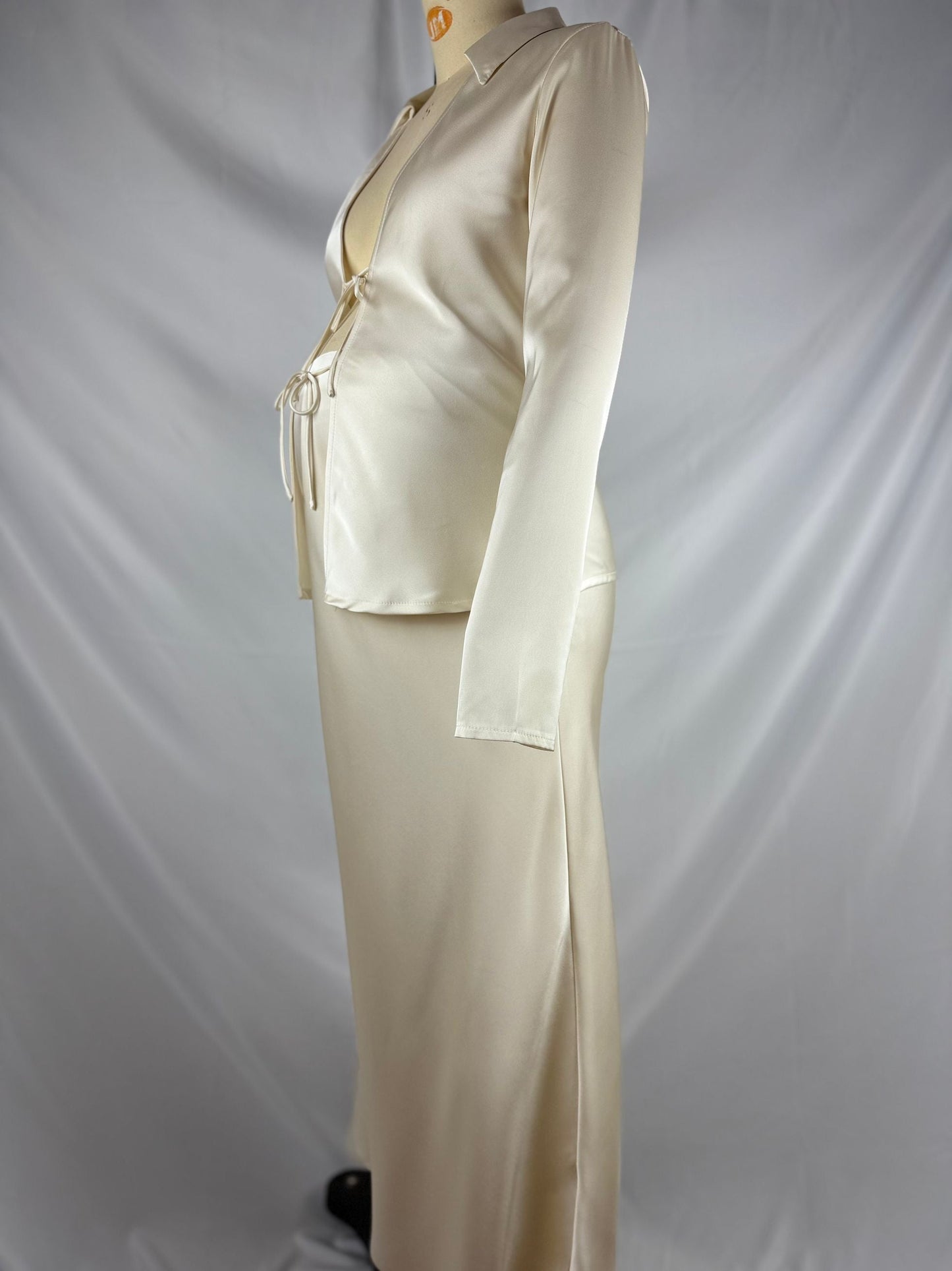 fotobeyou White Bowknot Turndown Collar Two Piece Imitation Satin Vacation Going Out Maternity Photoshoot Shirt