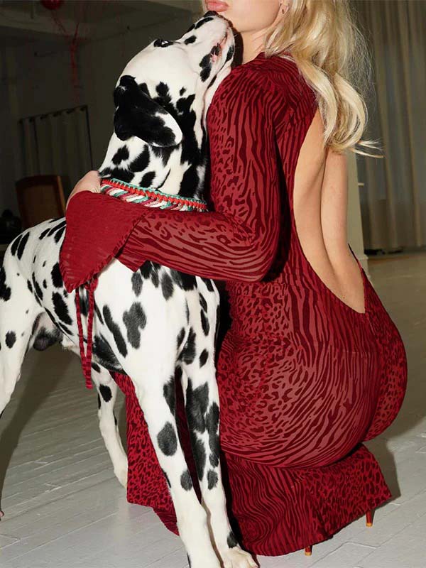 fotobeyou Red Leopard Backless Slit Flare Sleeve Sheer Bodycon Party Baby Shower Maternity Maxi Dress