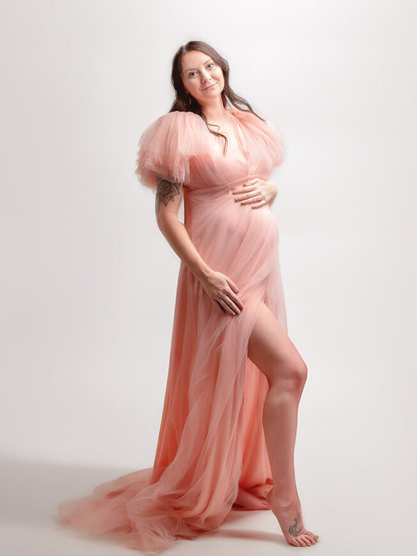 fotobeyou Pink Boho Elegant Ruffle Photoshoot Maternity Dress