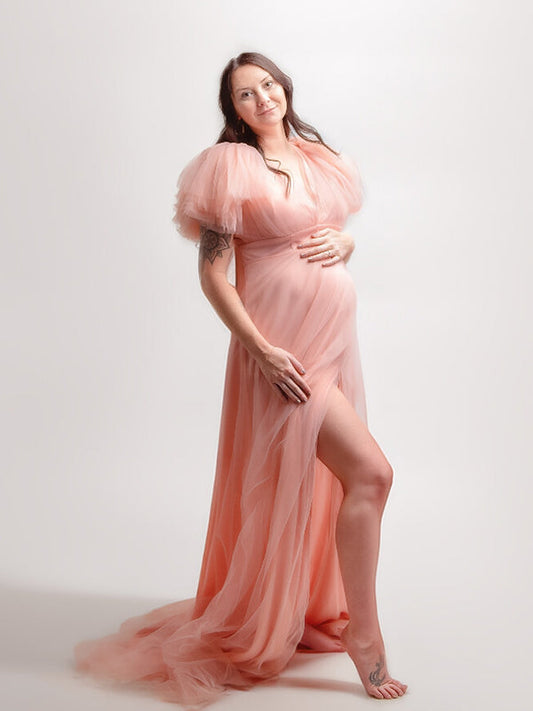 fotobeyou Pink Boho Elegant Ruffle Photoshoot Maternity Dress