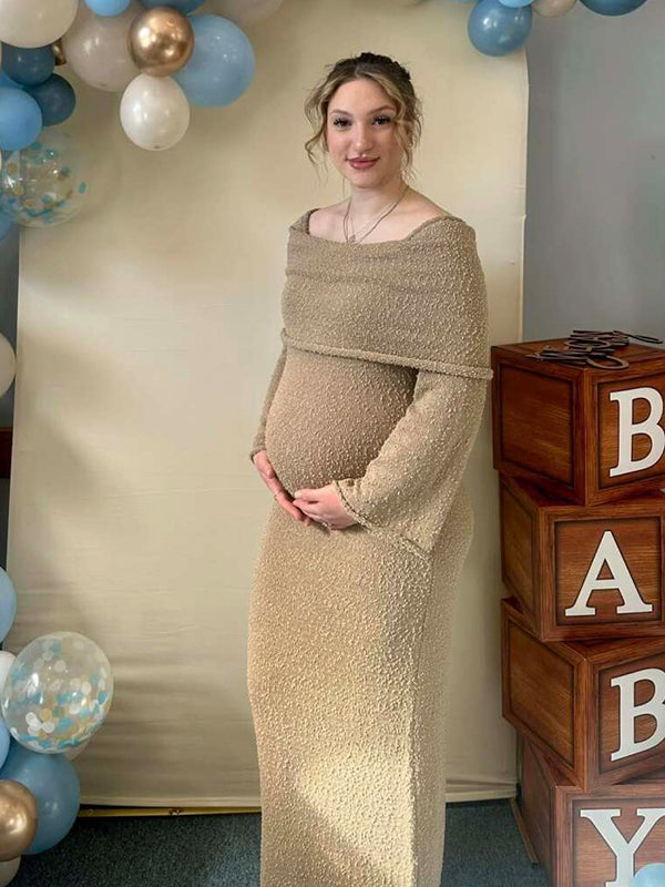 fotobeyou Solid Color Off Shoulder Hollow Out Knitwear Bodycon Beach Vacation Dress Baby Shower Maternity Maxi Dress