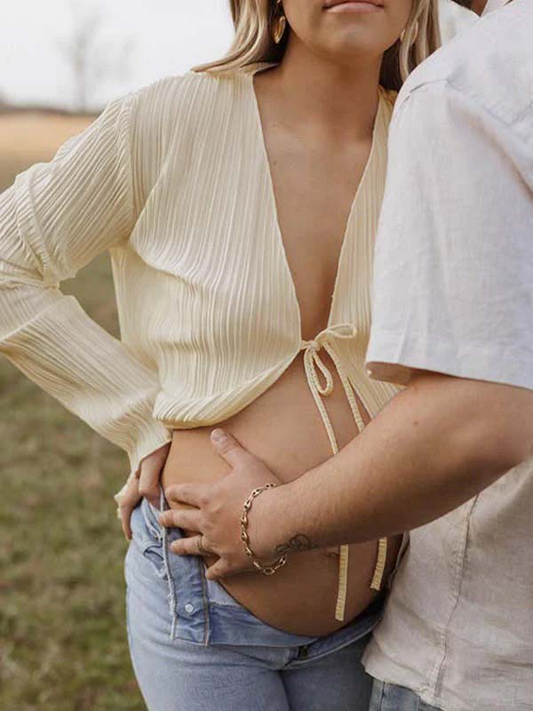 fotobeyou Beige lace-up Flare Sleeve Modern Fashion Maternity Photoshoot Blouse