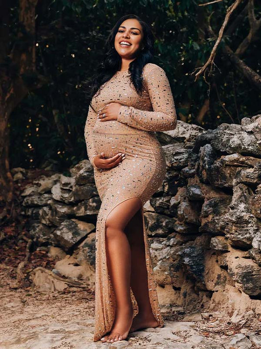 Naked Diamond Rinestone Side Slit Photoshoot Maternity Maxi Dress