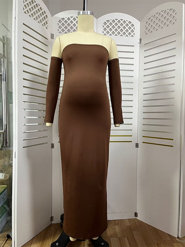 fotobeyou Brown Off Shoulder Long Sleeve Bodycon Elegant Going Out Maternity Photoshoot Baby Shower Party Maxi Dress